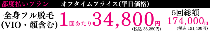 全身フル脱毛（VIO・顔含む）ジェントルマックスプロ プロプラス 都度払い １回あたり 34,800円(税込38,280) 5回総額 174,000円(税込 191,400円)