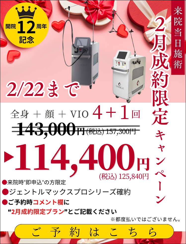 2月22日までの期間限定特別価格！プロモーション価格からさらに20%オフ！冬のスポーツ応援祭！4年に1度の熱狂、頂点の肌を目指そう！美容皮膚科アイエスクリニック 熱破壊式ジェントルマックスプロ 全身+顔もVIOもついて5回143,000円(税込157,300円)