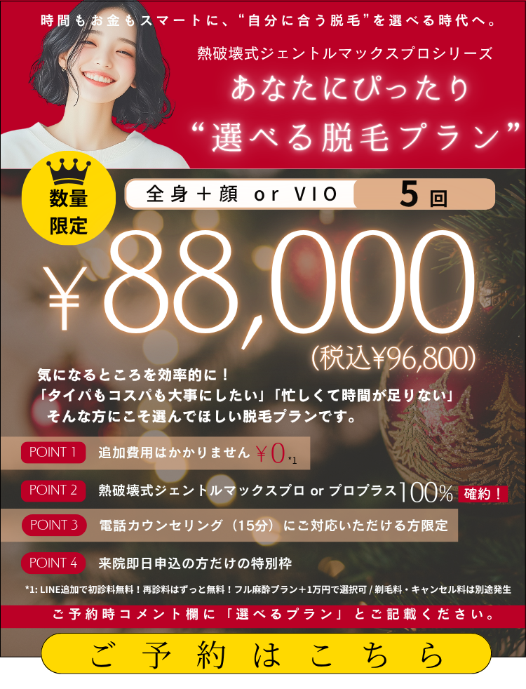 美容皮膚科アイエスクリニック 熱破壊式ジェントルマックスプロ 全身+顔 or VIO 5回 88,000円(税込96,800円)