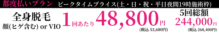 メンズ医療脱毛 アイエスクリニック 都度払いプラン 全身 + 顔(ヒゲ含む) or VIO 1回あたり 48,800円(税込53,680円) 5回総額 244,000円（税込）268,400円